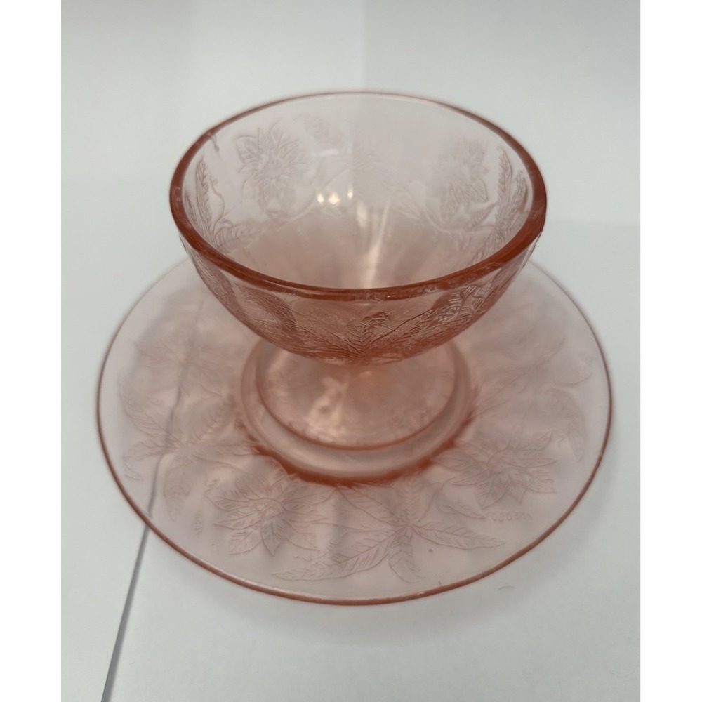 Jeannette Floral Poinsettia Pink Depression Glass Sherbet Cups Plates Set 12pc
